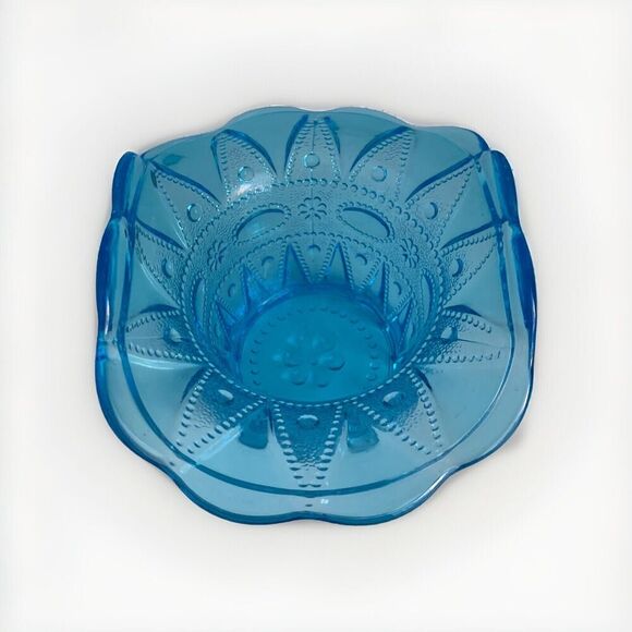 Vintage Kemple Blue Glass Basket Hat Vase Lace Dew Drop Pattern Lace N Dewdrop - Picture 3 of 13